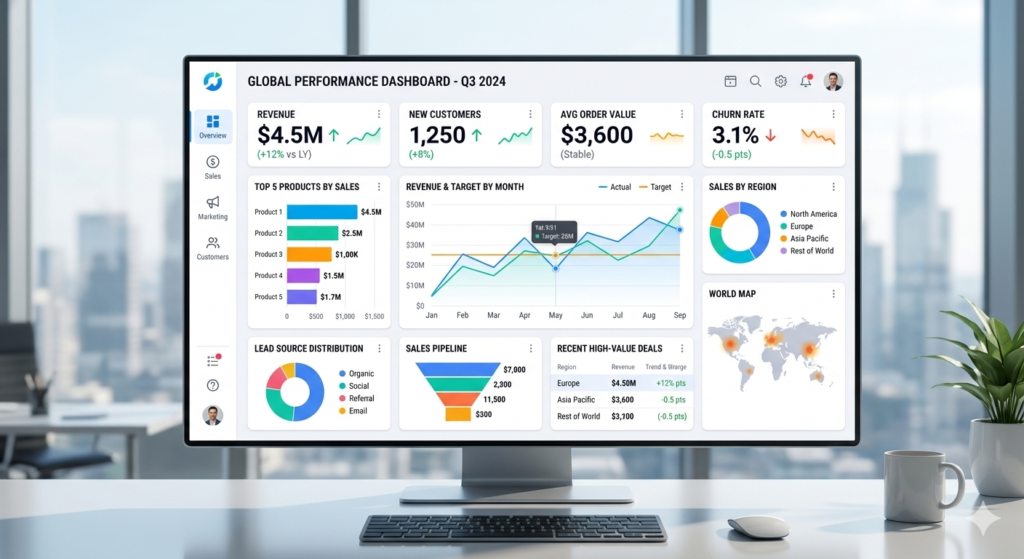 example KPIs for measuring digital marketing performance showing metrics like website traffic, conversion rate, cost per lead, and ROI"