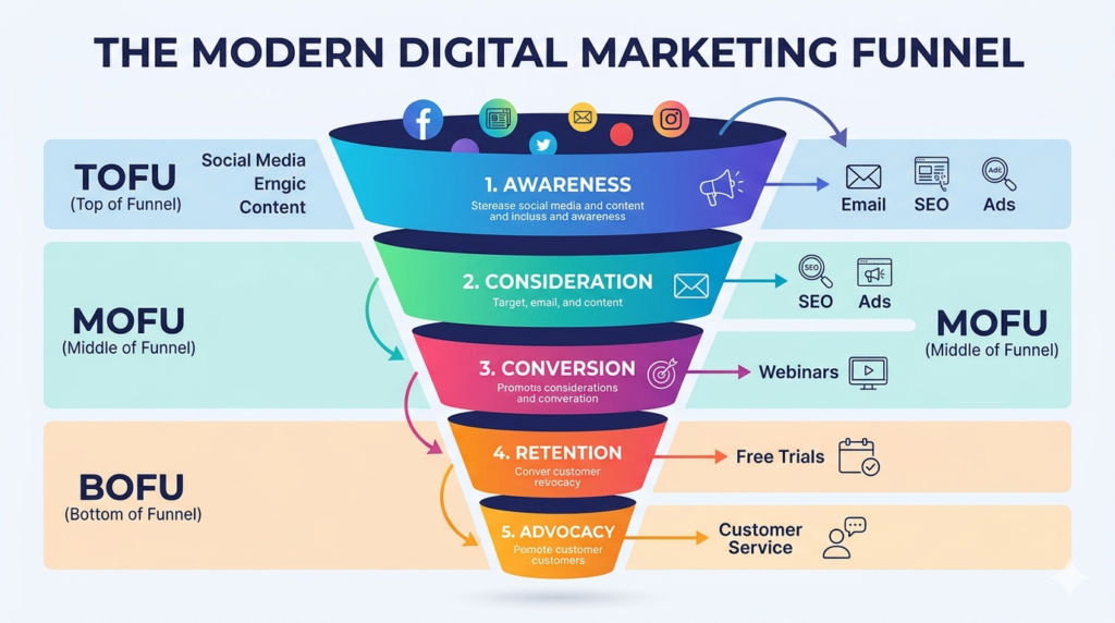 digital marketing funnel showing customer journey from awareness to loyalty with stages including SEO, social media, email, and retention"