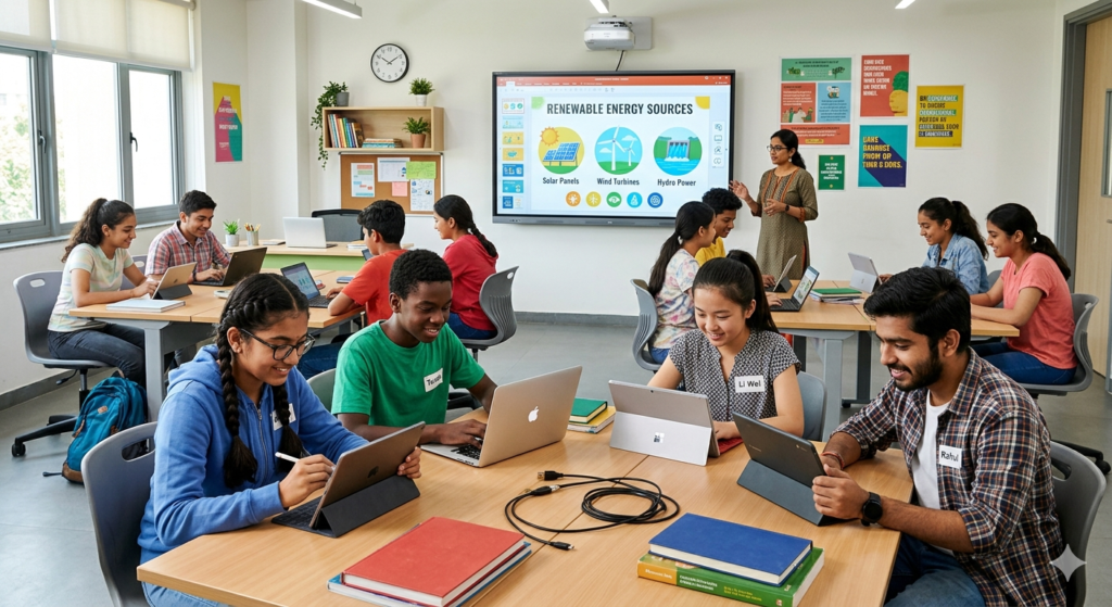 Modern classroom me students tablets aur laptops use karte hue digital learning me engage hain, interactive whiteboard ke saath, 2026 mein technology ke through education transformation dikhate hue"